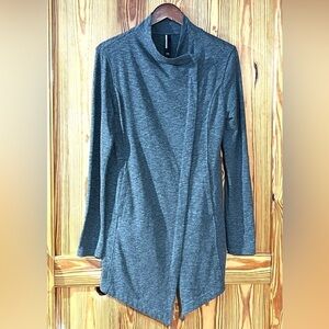 Asymmetrical Heathered Gray Full Zip Mock Neck Jacket Pockets High-Low